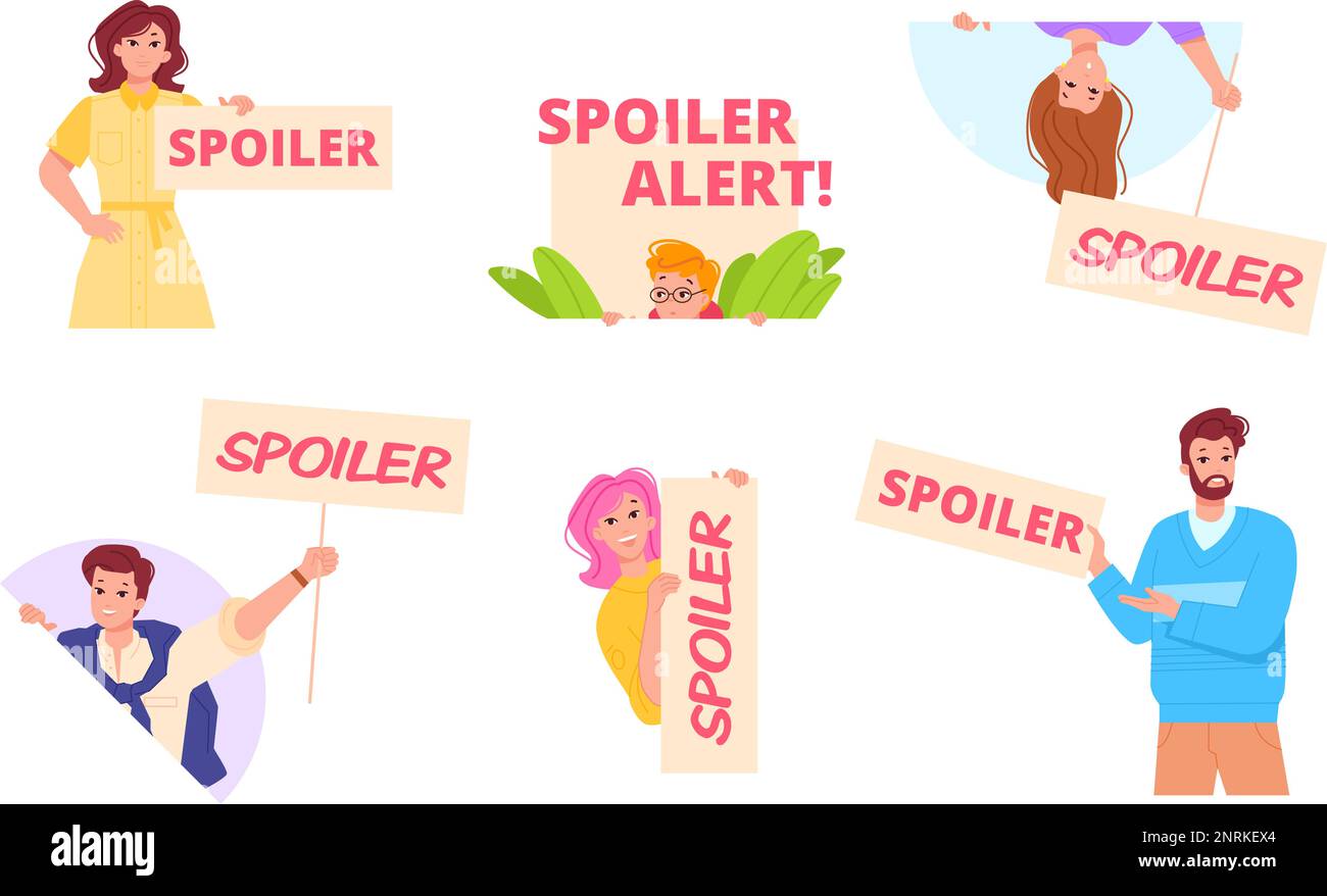 Aileron. Drôle de personnes avec des signes spoilers alerte, attention signe film détails finaux sur la télé teaser, la femme et l'homme de tête de contenu attention bannière plate illustration vectorielle de dessin de dessin de dessin de dessin de dessin de dessin de dessin de dessin de dessin de dessin de dessin de dessin de dessin de dessin Illustration de Vecteur