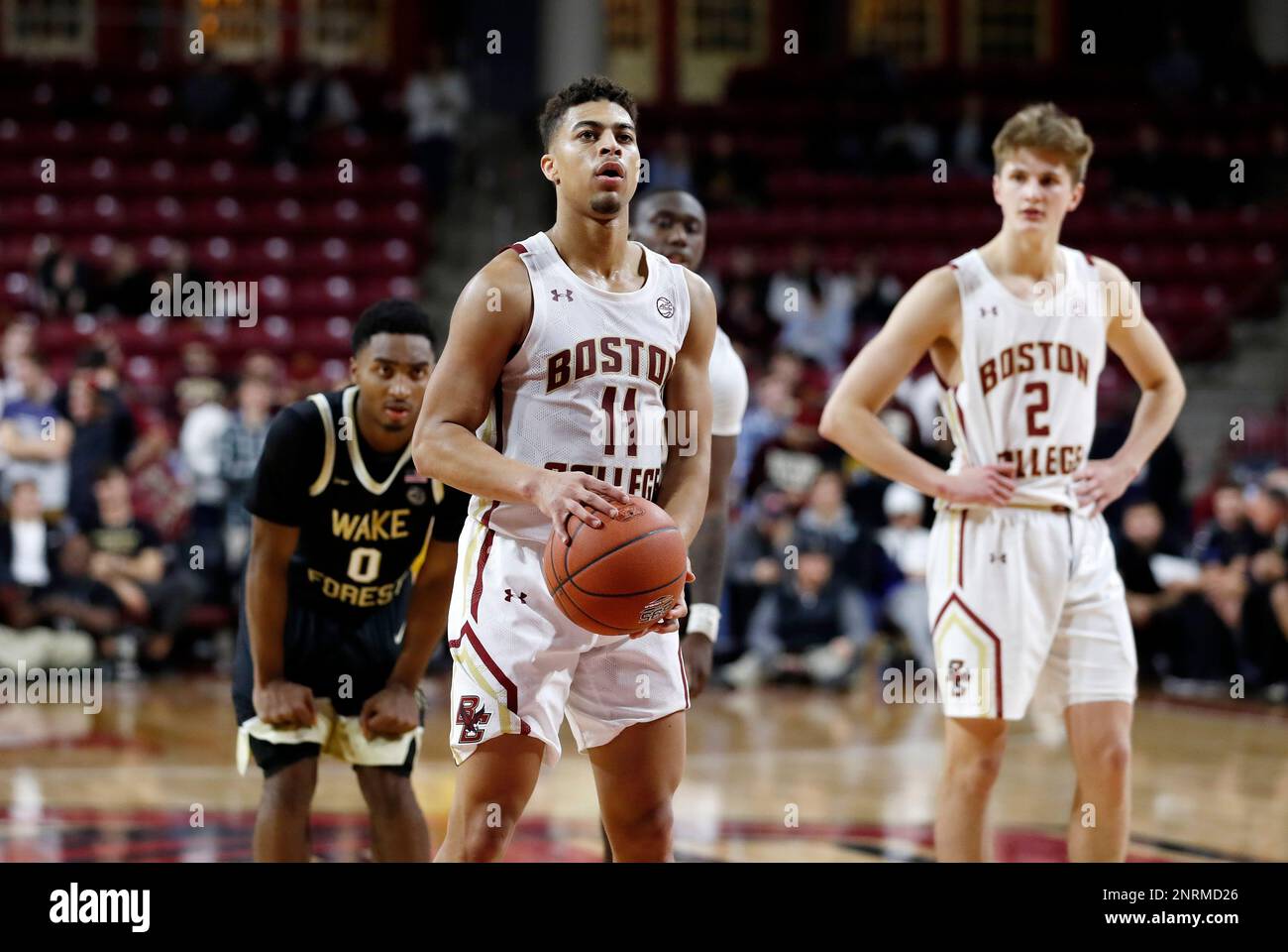 CHESTNUT HILL, MA - NOVEMBER 06: Boston College guard Derryck Thornton (11) at the line during a game between the Boston College Eagles and the Wake Forest Demon Deacons on November 6, 2019, at Conte Forum in Chestnut Hill, Massachusetts. (Photo by Fred Kfoury III/Icon Sportswire) (Icon Sportswire via AP Images) Banque D'Images