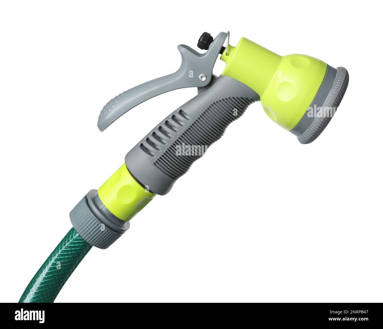 Tuyau d'arrosage avec arroseur isolé sur blanc Banque D'Images