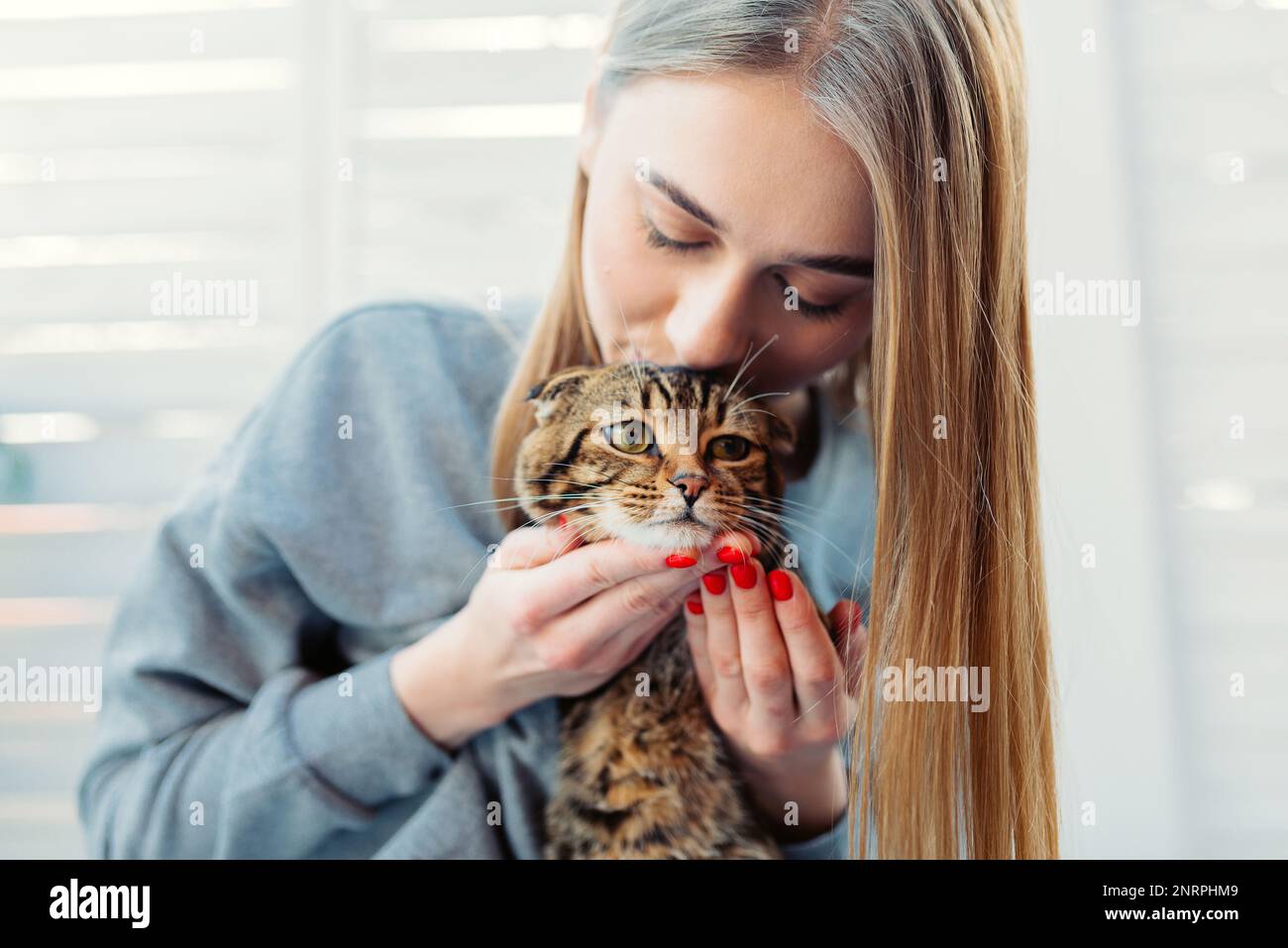 Jolie jeune femme Blonde tient un chat écossais à l'œil vert mignon dans ses bras et l'embrasse à l'extérieur, concept d'aimer et de prendre soin des animaux de compagnie Banque D'Images