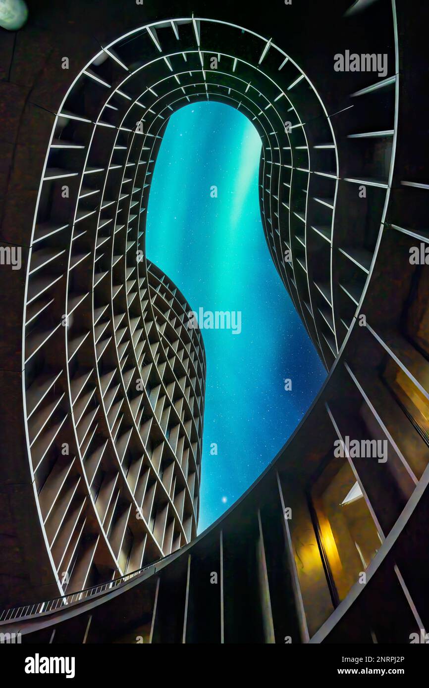 Une photo aurora éditée des tours Axel qui est un bâtiment moderne composé de cinq tours rondes Banque D'Images