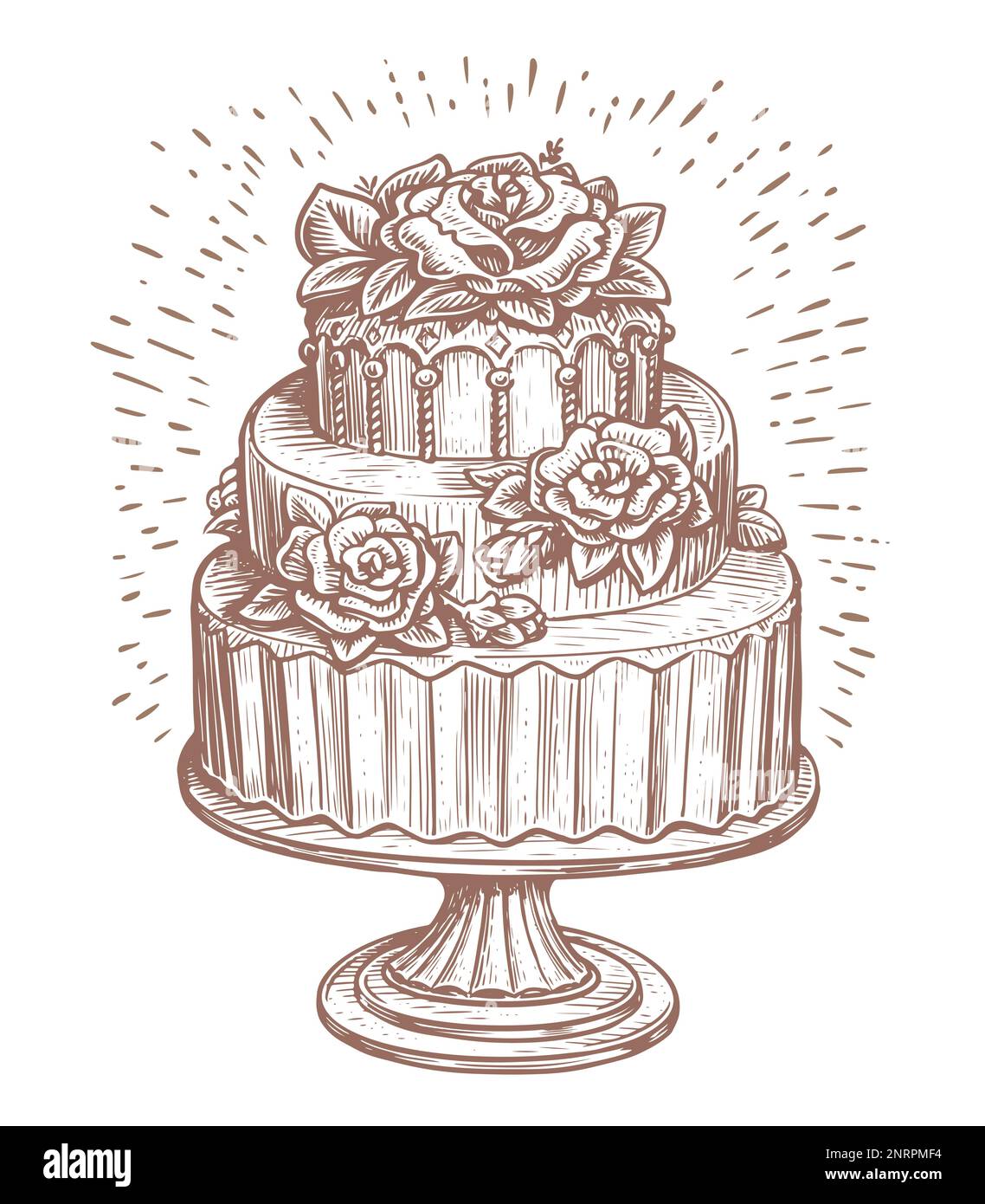 Gâteau de mariage à trois niveaux décoré de roses et de fleurs sur un support en bois. Dessert, esquisse de nourriture douce. Illustration vectorielle Illustration de Vecteur