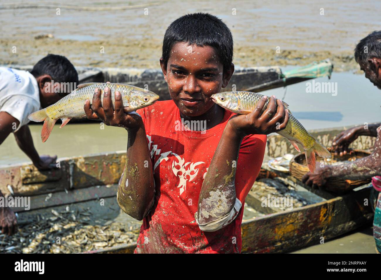 À Sylhet, Bangladesh. 27th févr. 2023. Garçon rural posant avec des poissons Curp sur les mains. Les villageois sont occupés à pêcher à Pukuria Hawr de Bais tila région de l'Union Khadim Nagar de Sylhet. Cette Hawr a été asséchée avec une machine à pompe à eau, et les villageois ramasent le poisson avec les mains de Mud's. Le 27 février 2023 à Sylhet-Bangladesh (photo de MD Rafayat Haque Khan/ Eyepix Group) (photo d'Eyepix/Sipa USA) crédit: SIPA USA/Alay Live News Banque D'Images