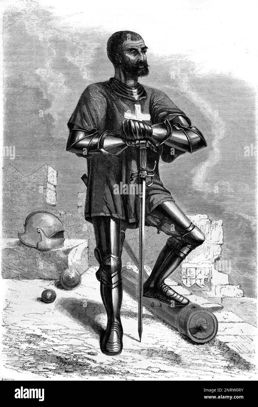 Rhodes Knight ou Crusader portant une armure ou une armure posant avec Sword Rhodes Grèce. Gravure ancienne ou illustration 1862 Banque D'Images