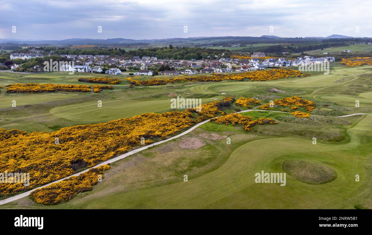 Vue aérienne de Royal Dornoch Golf Links et de la plage de Dornoch, l'une des destinations de la célèbre route North Coast 500 Banque D'Images