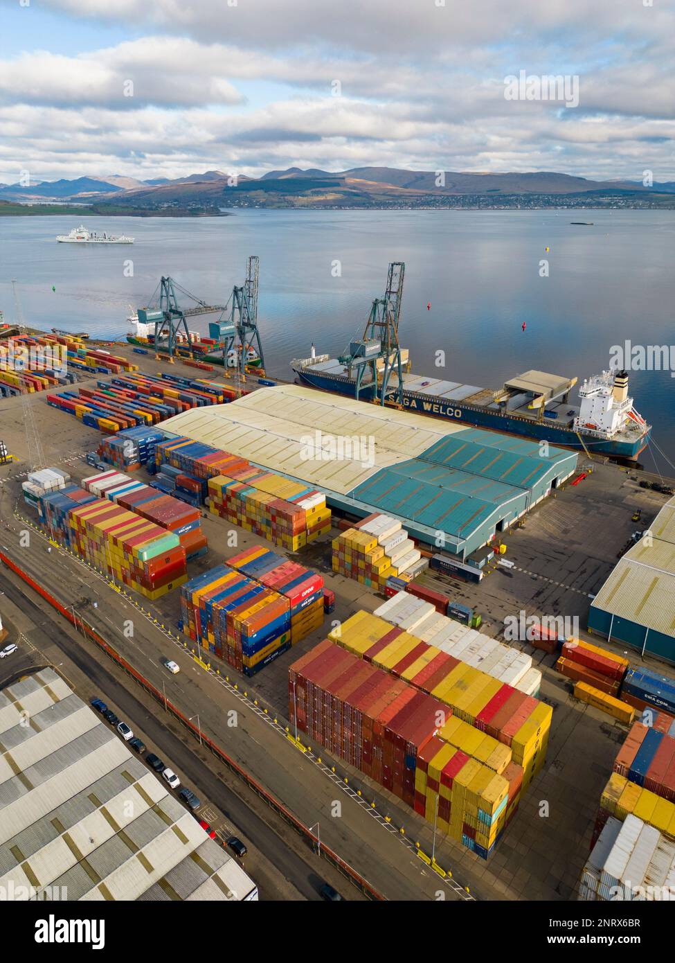 Vue aérienne de Peel ports Clydeport Greenock Ocean terminal à Greenock, Écosse, Royaume-Uni Banque D'Images