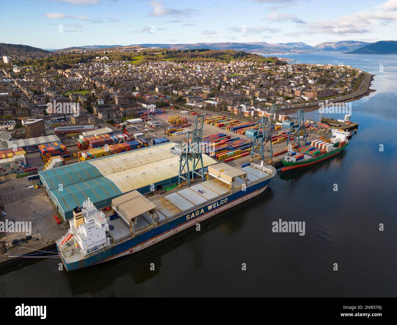 Vue aérienne de Peel ports Clydeport Greenock Ocean terminal à Greenock, Écosse, Royaume-Uni Banque D'Images