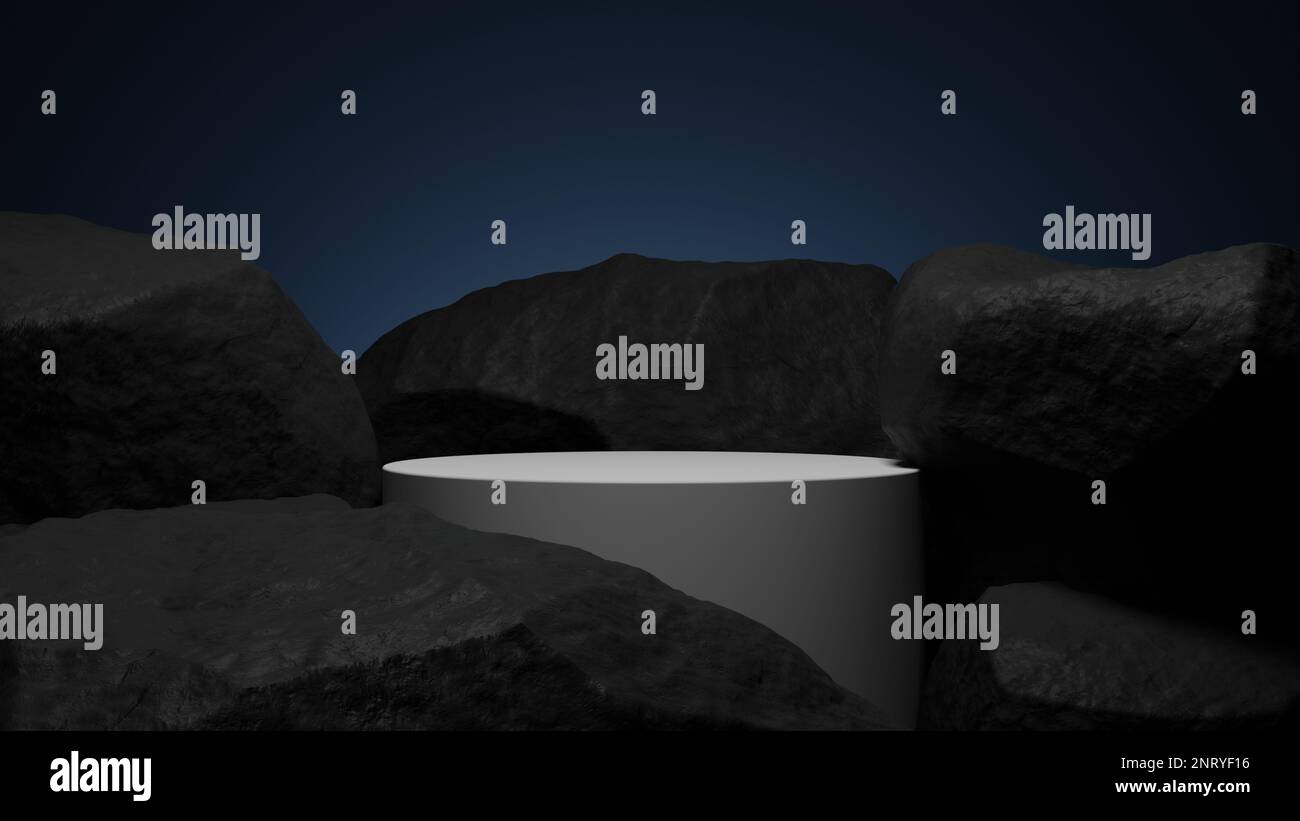 podium blanc avec grand rocher noir pour la présentation des produits dans le concept de rendu 3d, toile de fond pour la présentation des produits cosmétiques ou la présentation sur les médias sociaux Banque D'Images