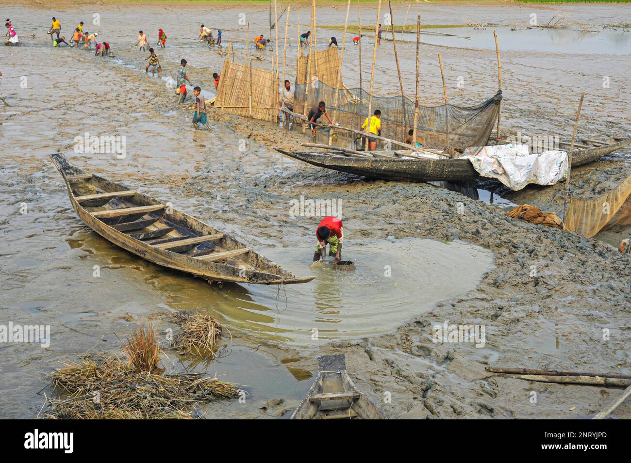 27 février 2023 à Sylhet-Bangladesh : les villageois sont occupés à pêcher à Pukuria Hawr, dans la région de Bais tila, dans le cadre de l'Union Khadim Nagar de Sylhet. Cette Hawr a été asséchée avec une machine à pompe à eau et les villageois recueillent du poisson avec les mains de Mud. Le 27 février 2023 à Sylhet-Bangladesh (photo de MD Rafayat Haque Khan/ Eyepix Group) Banque D'Images
