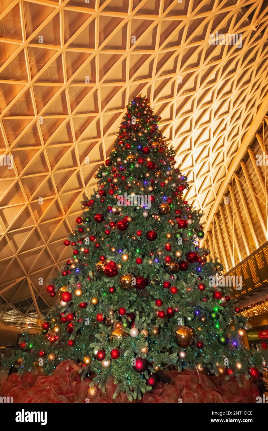 Angleterre, Londres, gare de Kings Cross, arbre de Noël Banque D'Images