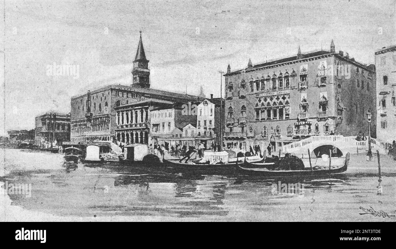 Remblai d'esclaves sur le Grand Canal à Venise. Doge's Palace donnant sur St. Campanile de Mark. Copie d'une peinture du 19th siècle. Banque D'Images