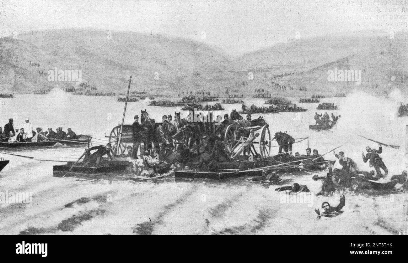 La traversée de l'armée russe à travers le Danube près de Zimnitsa (Zimnicea / Svishtov) sur 15 juin 1877. Copie d'une peinture du 19th siècle. Banque D'Images