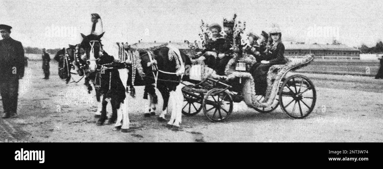 Troïka en calèche A. M. Katkov au Festival des fleurs de 23 mai 1902 sur le terrain de Khodynka à Moscou. Illustration de 1902. Banque D'Images