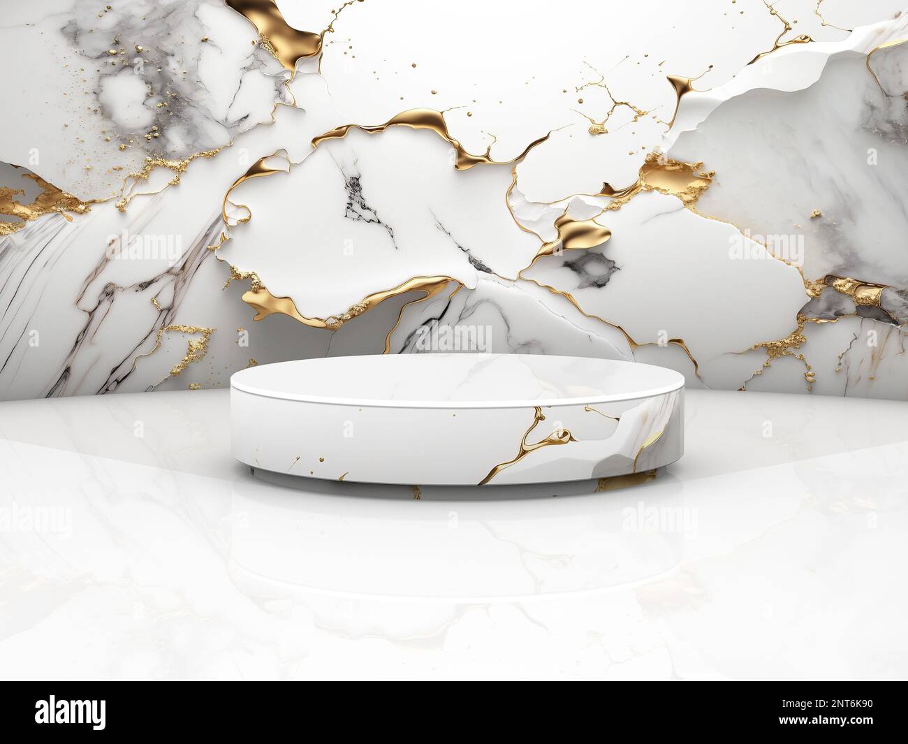 Podium rond doré en marbre blanc pour la présentation des produits. 3D illustration du rendu Banque D'Images