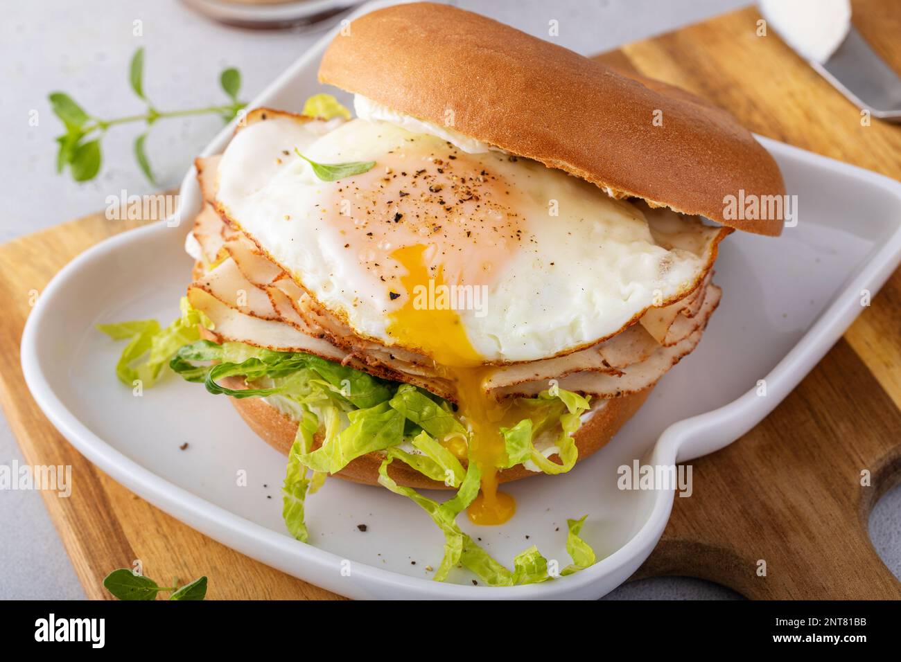 Bagel au fromage à la crème, laitue déchiquetée, dinde tranchée et œuf frit au jaune d'eau Banque D'Images