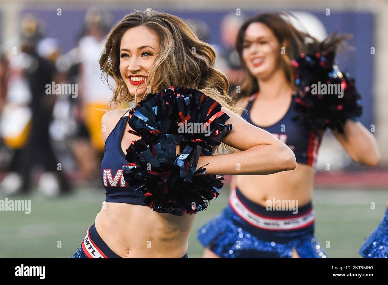 MONTREAL, QC - JULY 04: Look on Montreal Alouettes cheerleader during the Hamilton Tiger-Cats versus the Montreal Alouettes game on July 4, 2019, at Percival Molson Memorial Stadium in Montreal, QC (Photo by David Kirouac/Icon Sportswire) (Icon Sportswire via AP Images) Banque D'Images