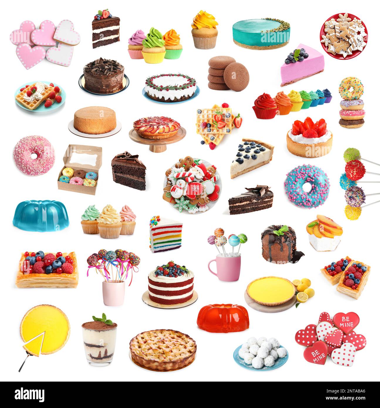 Dégustez différents desserts savoureux sur fond blanc Banque D'Images