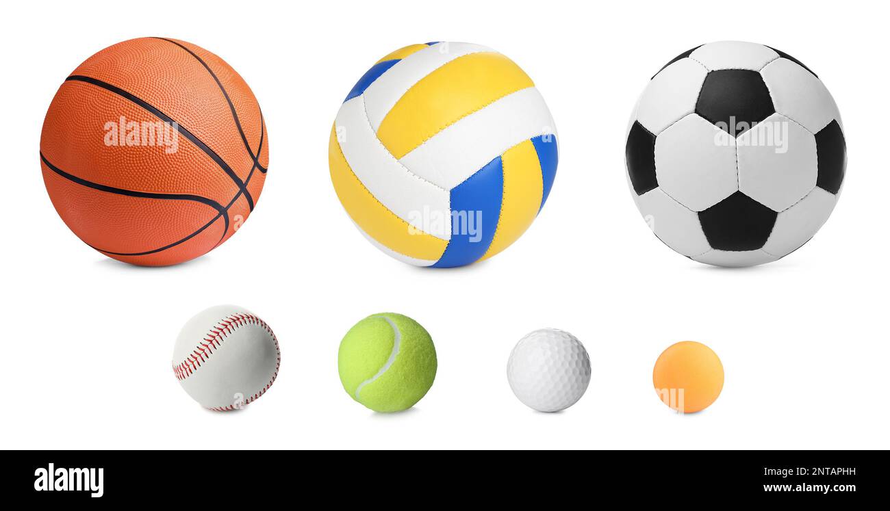 Ensemble avec différentes balles de sport sur fond blanc Banque D'Images