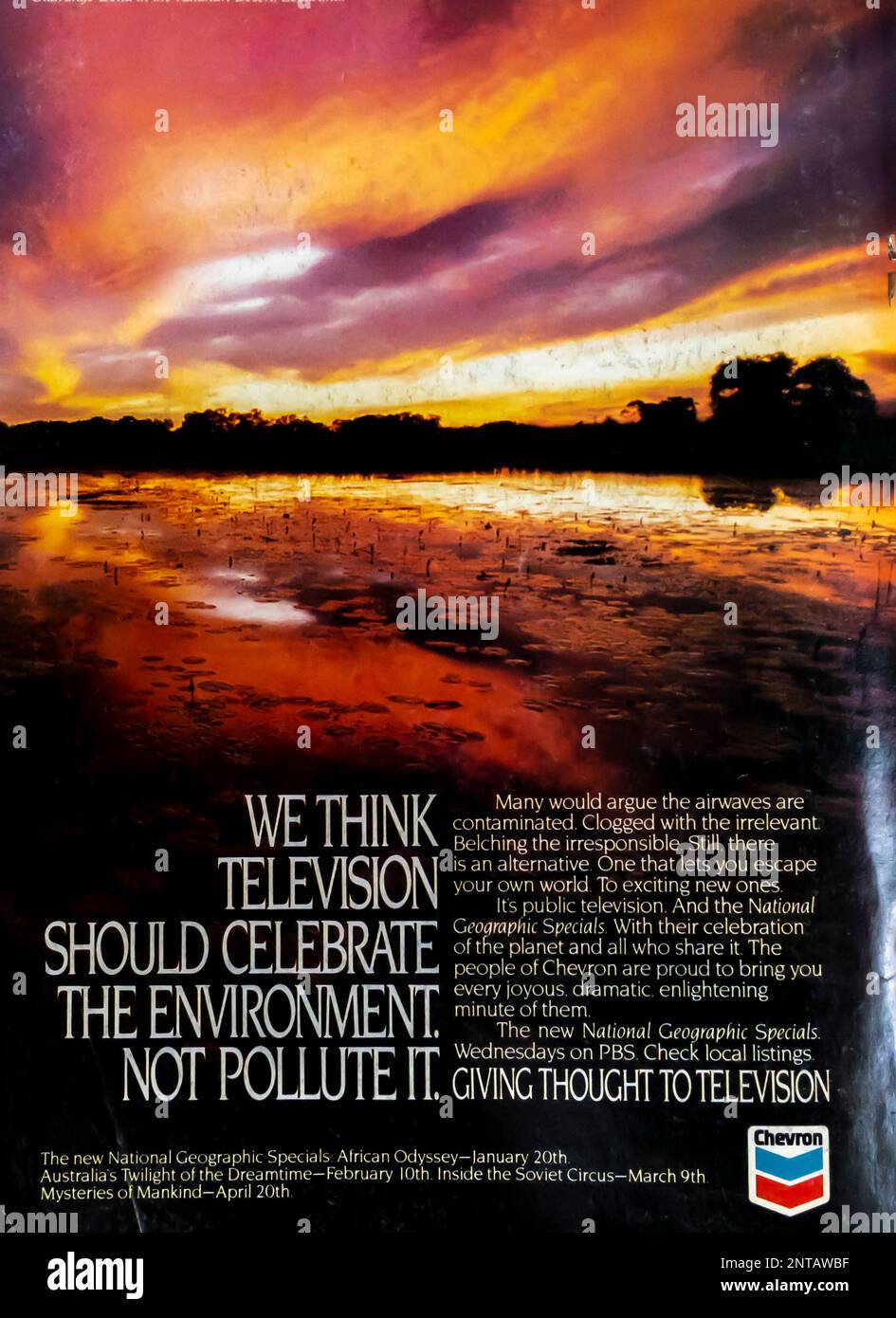 Chevron - Publicité du programme National Geographic specials PBS dans un magazine NatGeo, février 1988 Banque D'Images