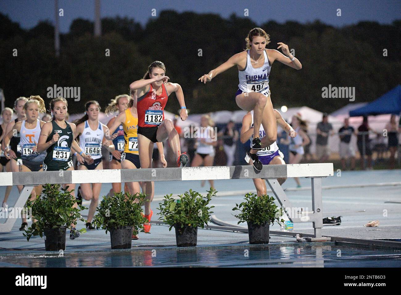 Michigan State's Karrigan Smith (931), Ohio State's Sarah Kanney (1182) and Furman's Gabrielle Jennings (497) compete in the women's 3000-meter steeplechase event during the East Preliminaries of the NCAA Division I Track & Field Championships Friday, May 24, 2019, in Jacksonville, Fla. (Phelan M. Ebenhack via AP) Banque D'Images
