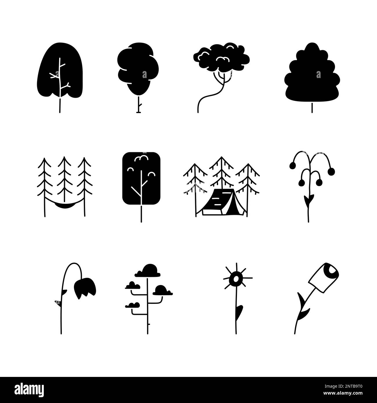 Collection minimaliste d'icônes d'arbre de silhouette. Arbres de dessin au trait. Jeu de symboles de nature linéaire vecteur de stock Illustration de Vecteur