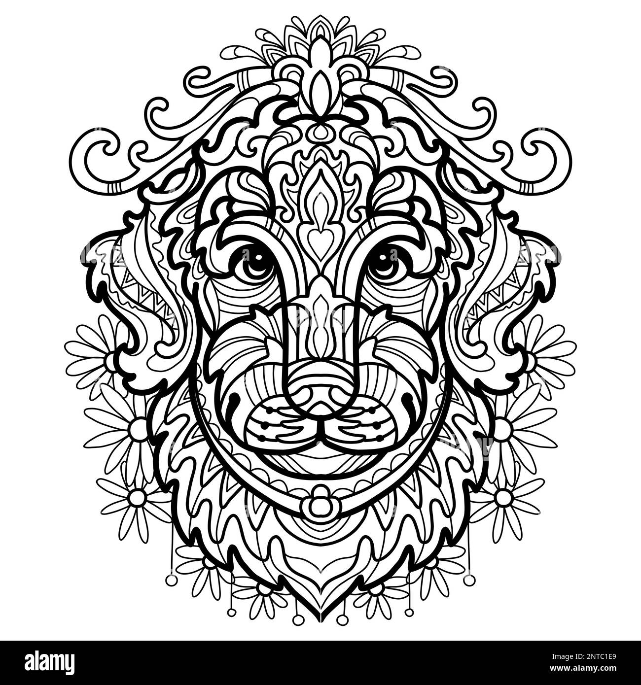 Chien abstrait avec ornements décoratifs et éléments de croque. Gros plan sur la tête de chien Retriever. Illustration vectorielle. Pour la page de coloration antistress pour adulte, prin Illustration de Vecteur