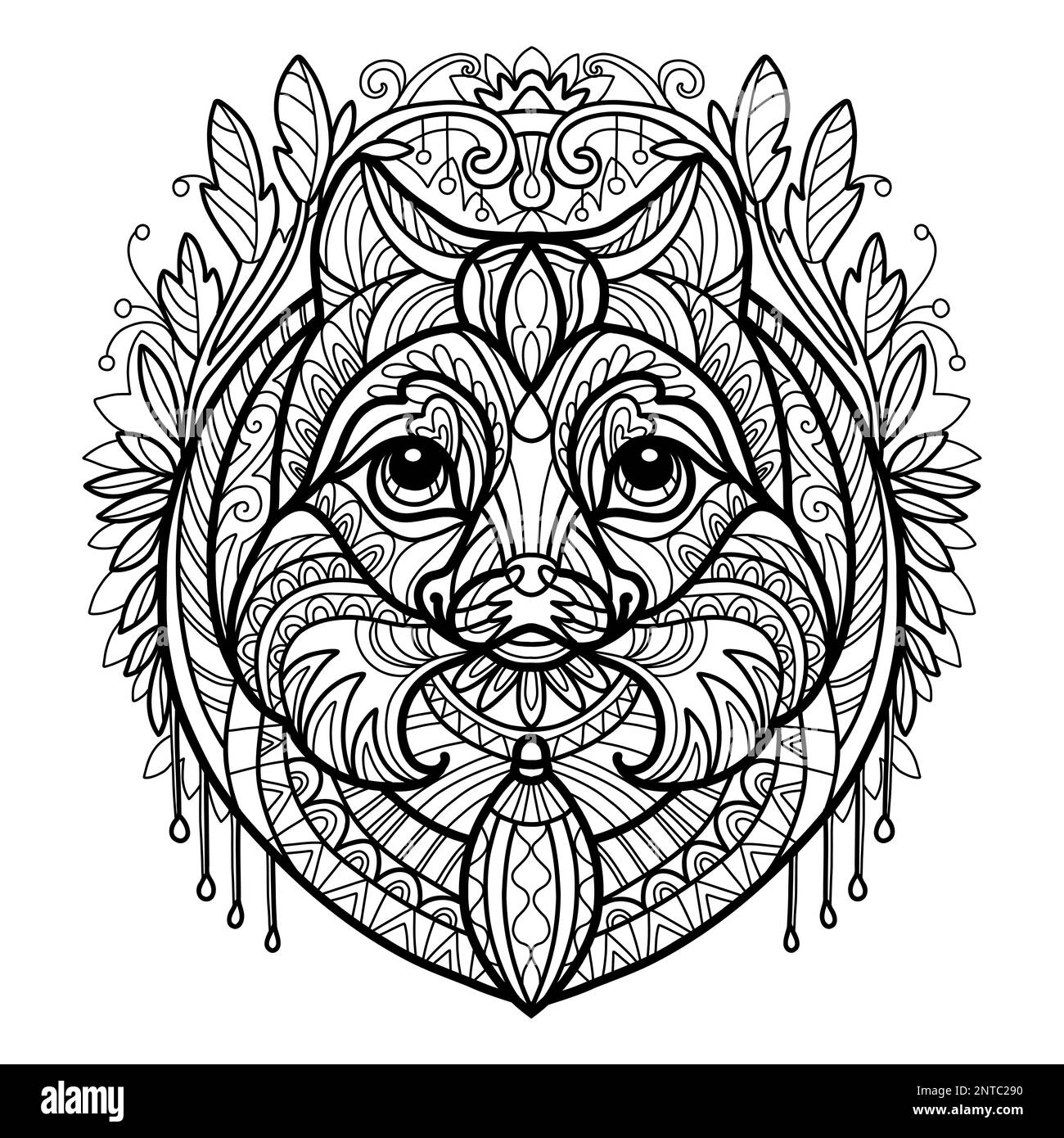 Chien abstrait avec ornements décoratifs et éléments de croque. Gros plan sur la tête de chien pomeranienne. Illustration vectorielle. Pour page de coloration antistress pour adulte, pri Illustration de Vecteur