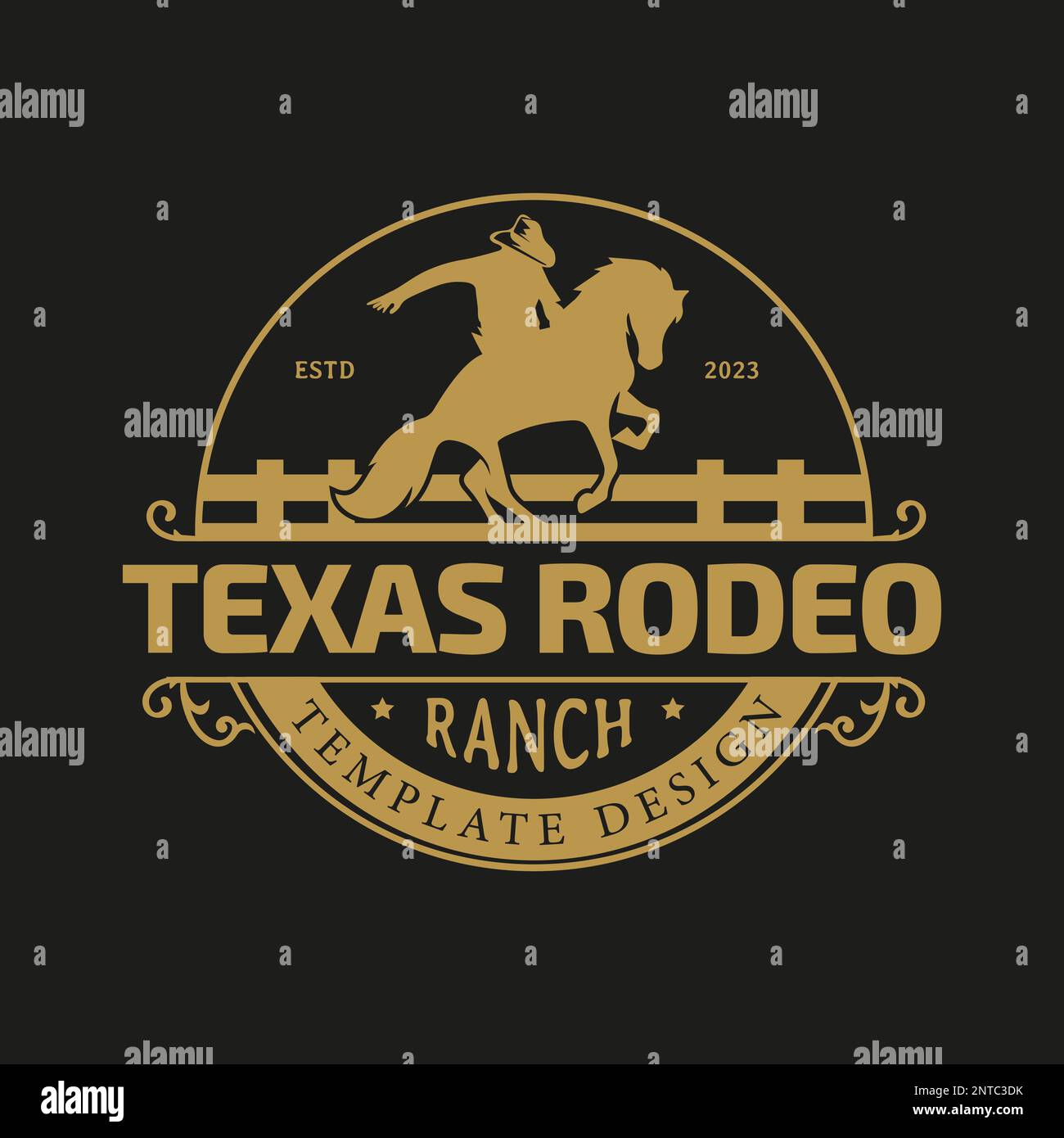 Logo Retro Rodeo Emblem avec silhouette équestrienne. Écusson de rodéo d'époque de l'Ouest sauvage. Illustration vectorielle. Arrière-plan sombre Illustration de Vecteur