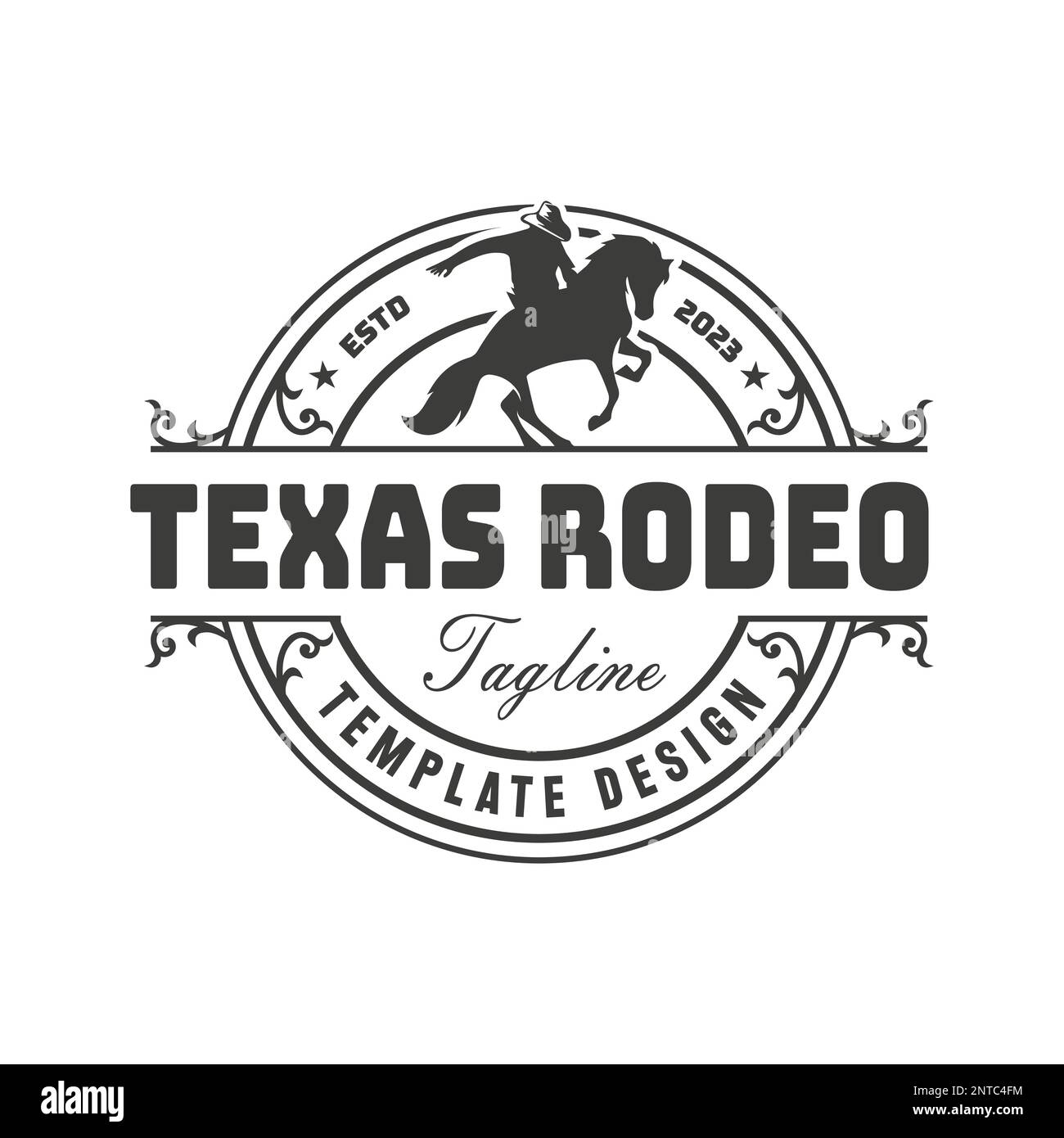 Logo Retro Rodeo Emblem avec silhouette équestrienne. Écusson de rodéo d'époque de l'Ouest sauvage. Illustration vectorielle. Illustration de Vecteur