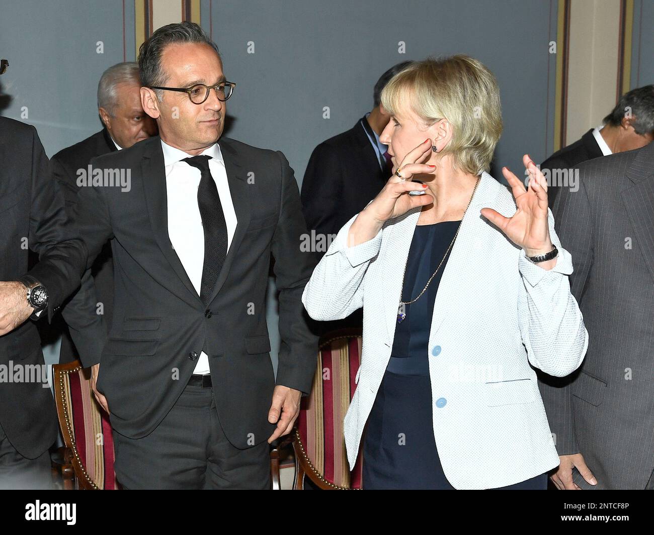 German Foreign Minister Heiko Maas, left, and Sweden's Foreign Minister Margot Wallstrom prior to the meeting on nuclear disarmament and the non-proliferation treaty, at the Grand Hotel in Stockholm, Tuesday June 11, 2019. (Claludio Bresciani/TT via AP) Banque D'Images