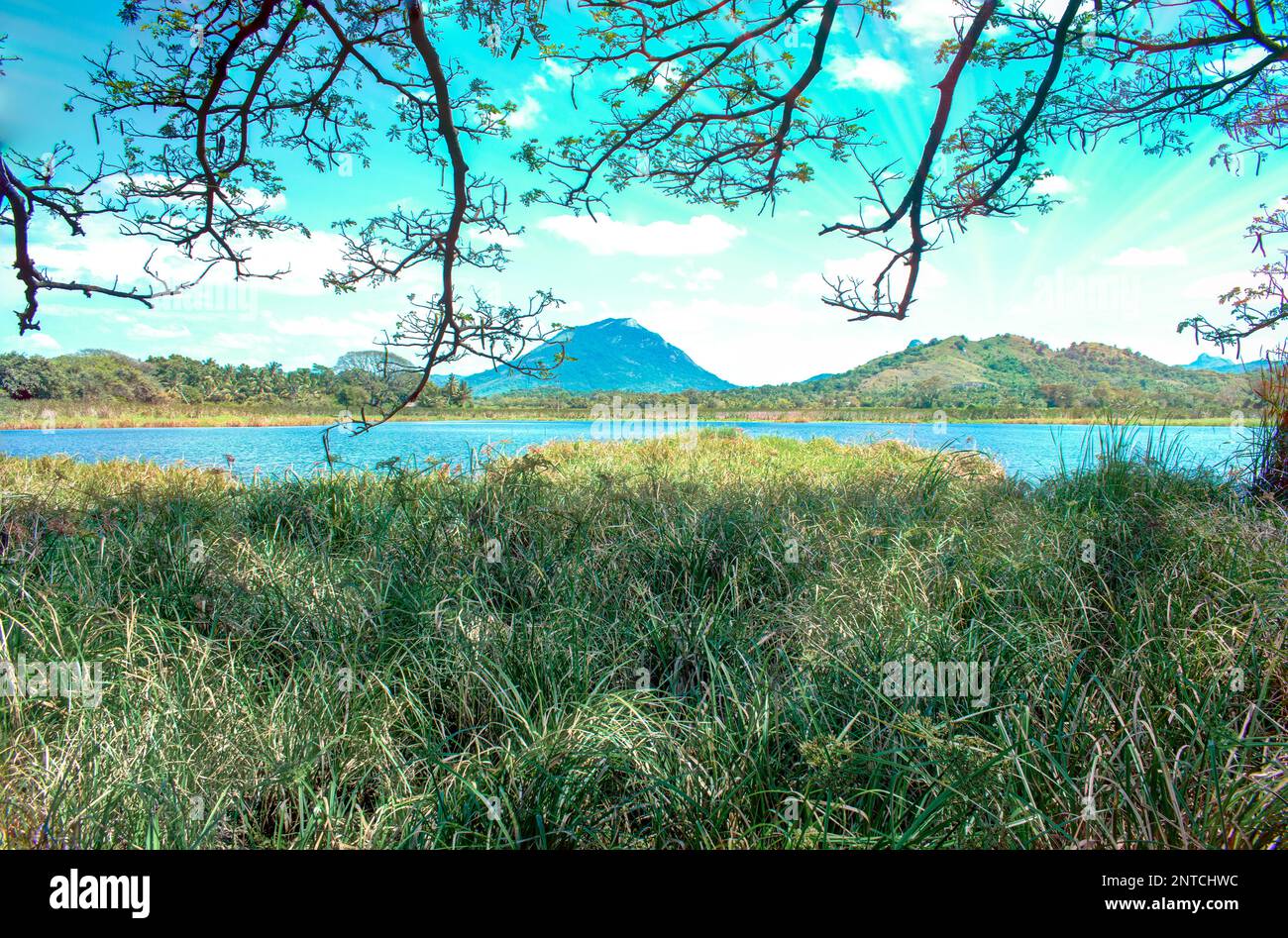 Sérénité éthérée : une capture captivante d'une montagne brumeuse se reflétant dans un petit lac tranquille Banque D'Images