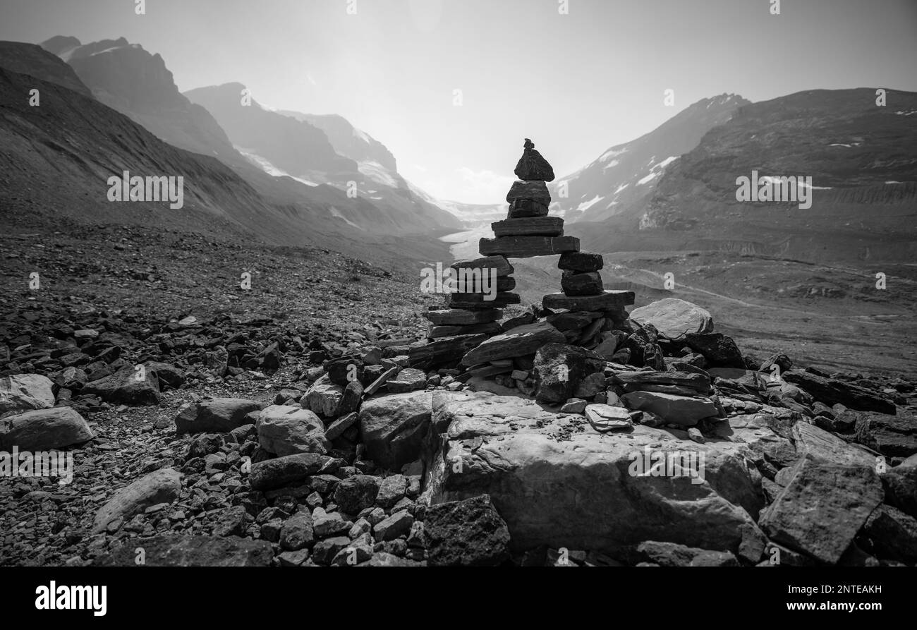 Une vue magnifique sur les montagnes rocheuses canadiennes et le glacier Athabasca. Banque D'Images
