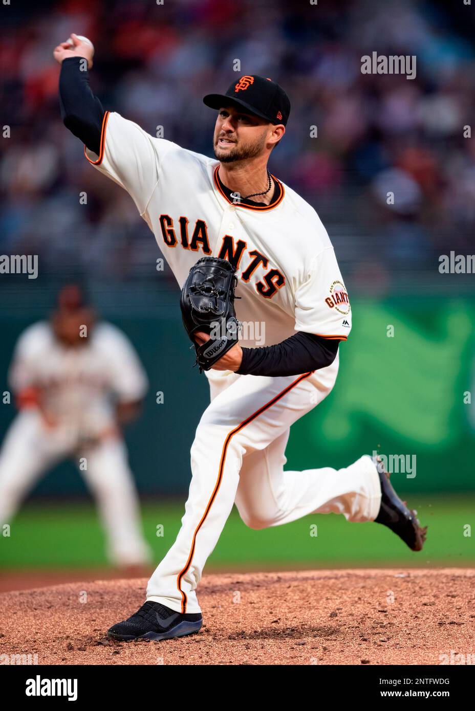 May 14, 2019: San Francisco Giants starting pitcher Tyler Beede (38) delivers in the second inning, during a MLB game between the Toronto Blue Jays and the San Francisco Giants at Oracle Park in San Francisco, California. Valerie Shoaps/CSM(Credit Image: © Valerie Shoaps/CSM via ZUMA Wire) (Cal Sport Media via AP Images) Banque D'Images