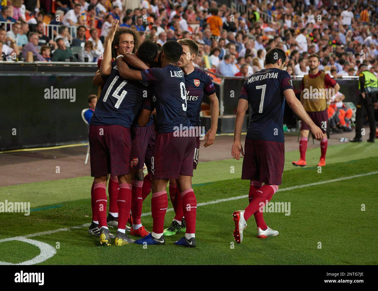 VALENCIA, SPAIN - MAY 09: Pierre-Emerick Aubameyang, forward of Arsenal CF celebrates his goal with his teammates during UEFA Europa League Semi Final Second Leg match between Valencia CF and Arsenal FC at Mestalla stadium on May 09, 2019 in Valencia, Spain. (Photo by Carlos Sanchez Martinez/Icon Sportswire) (Icon Sportswire via AP Images) Banque D'Images