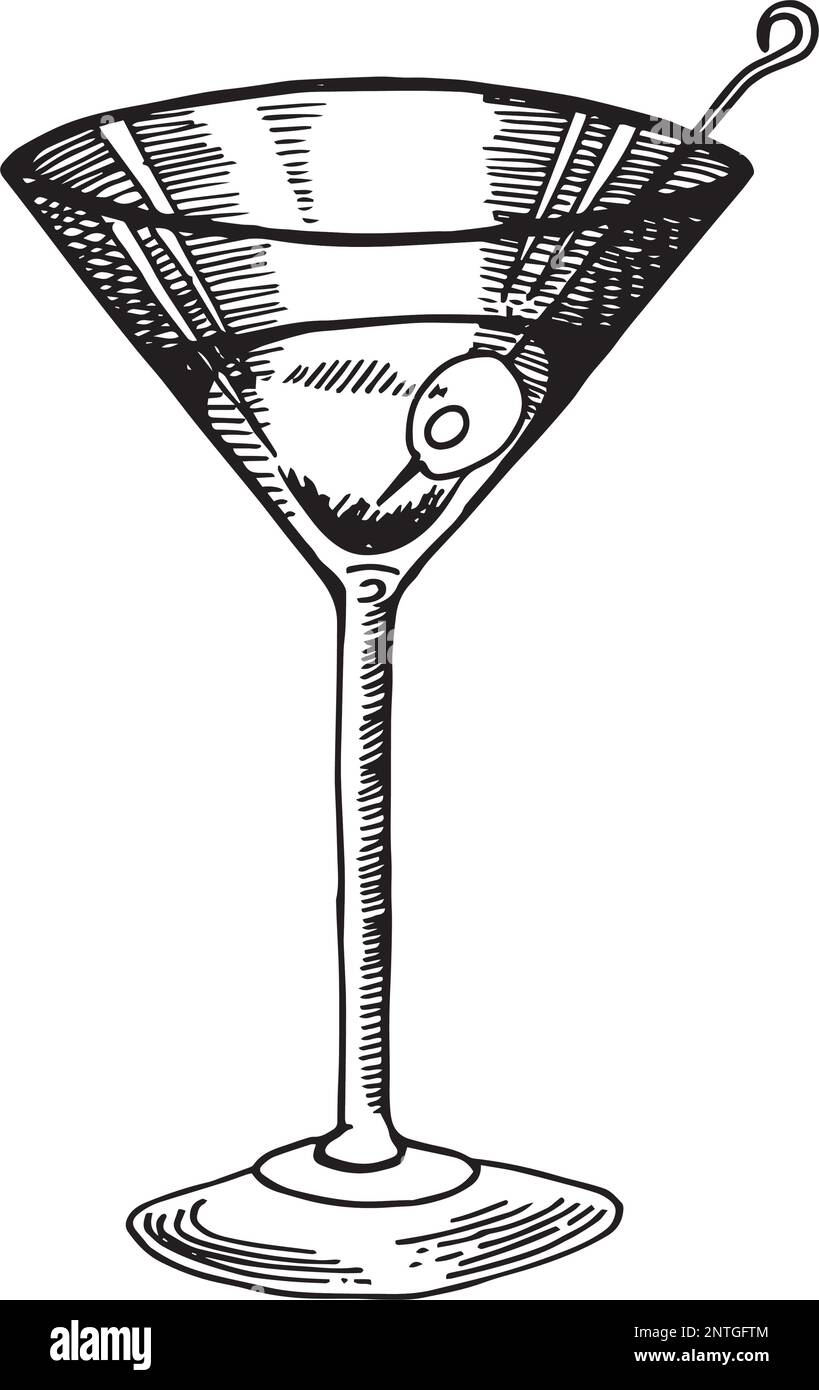Verre à martini avec olives. Cocktail alcool dessiné à la main, croquis vectoriel. Style engarved Illustration de Vecteur