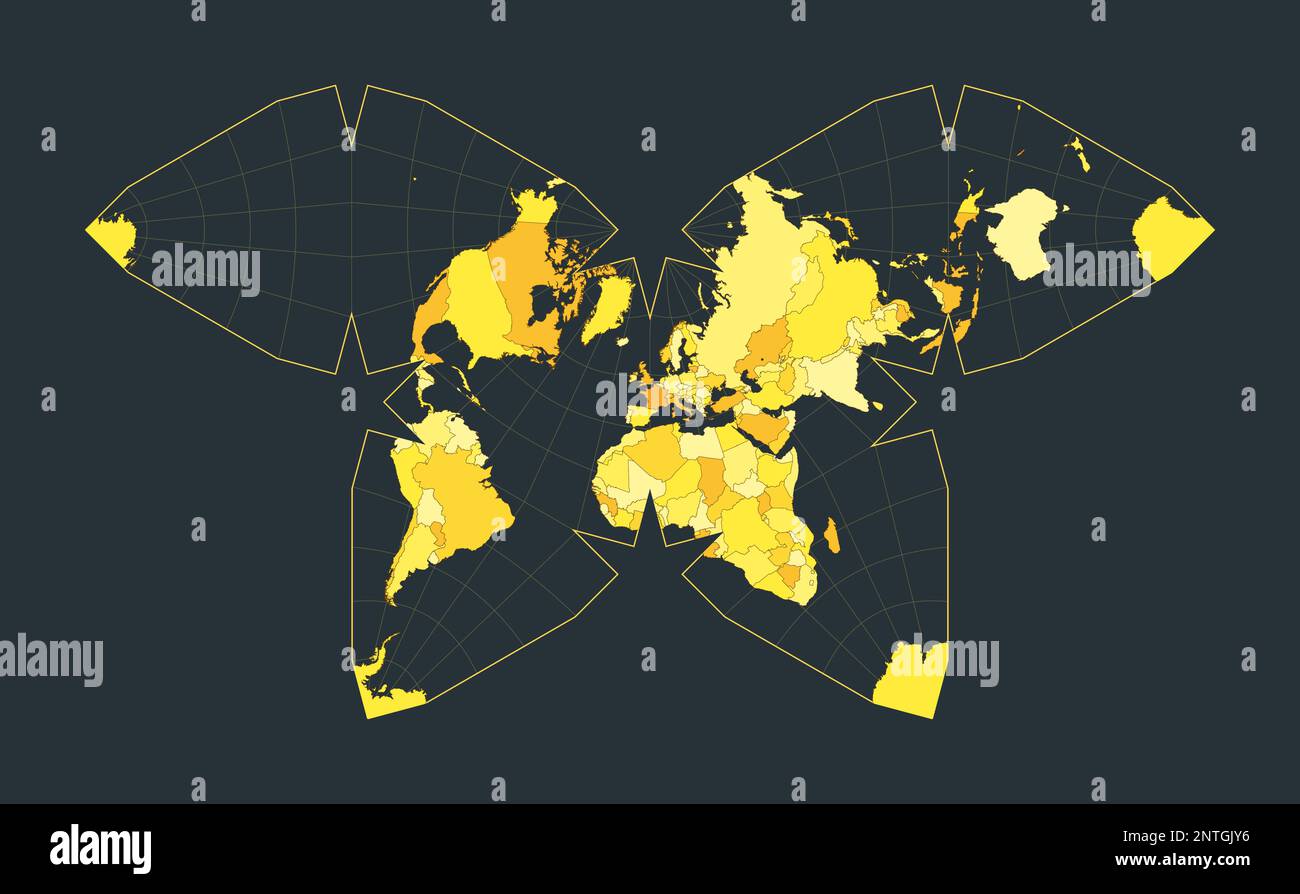 Carte du monde. Projection de papillon de Steve Waterman. Illustration futuriste pour votre infographie. Couleurs de campagne jaune vif. Vecteur vibrant Ill Illustration de Vecteur