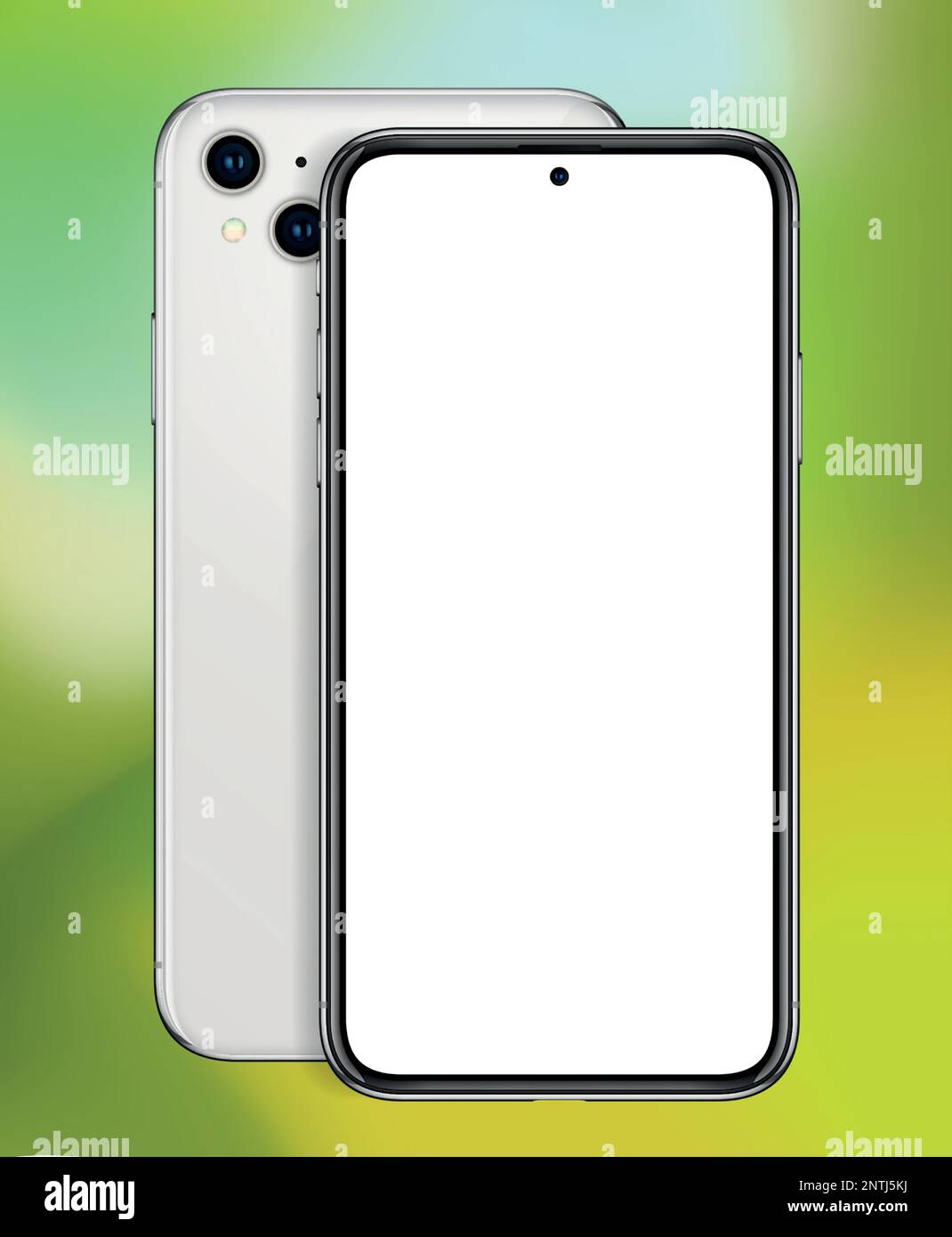 Maquette de smartphone Vector sur fond vert avec écran vide. Modèle de téléphone cellulaire avec vue avant et arrière. Illustration de Vecteur