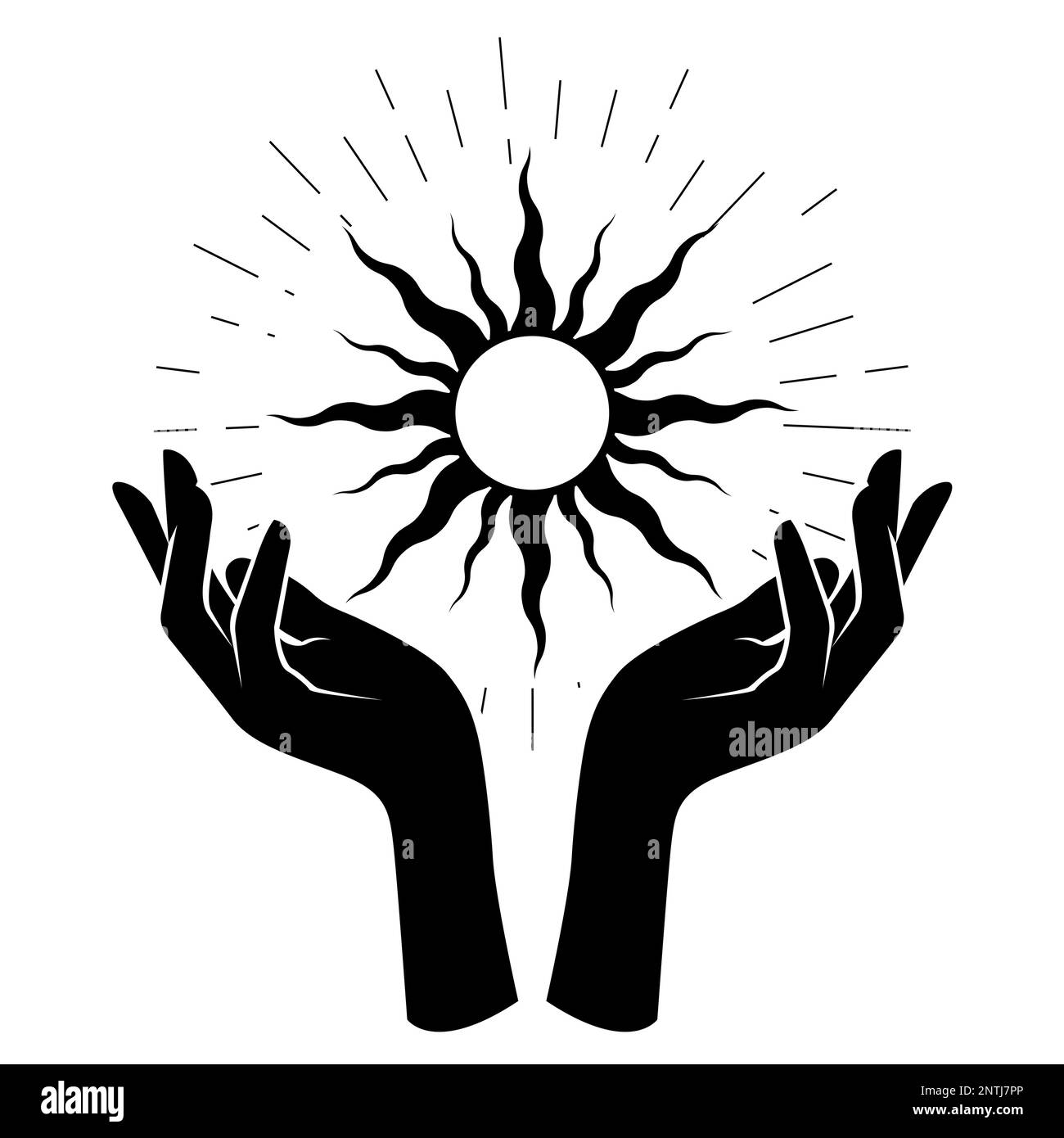 Les mains des femmes tiennent le soleil noir, l'occultisme et le mysticisme, les sorts et sorcellerie, l'étoile, le vecteur Illustration de Vecteur