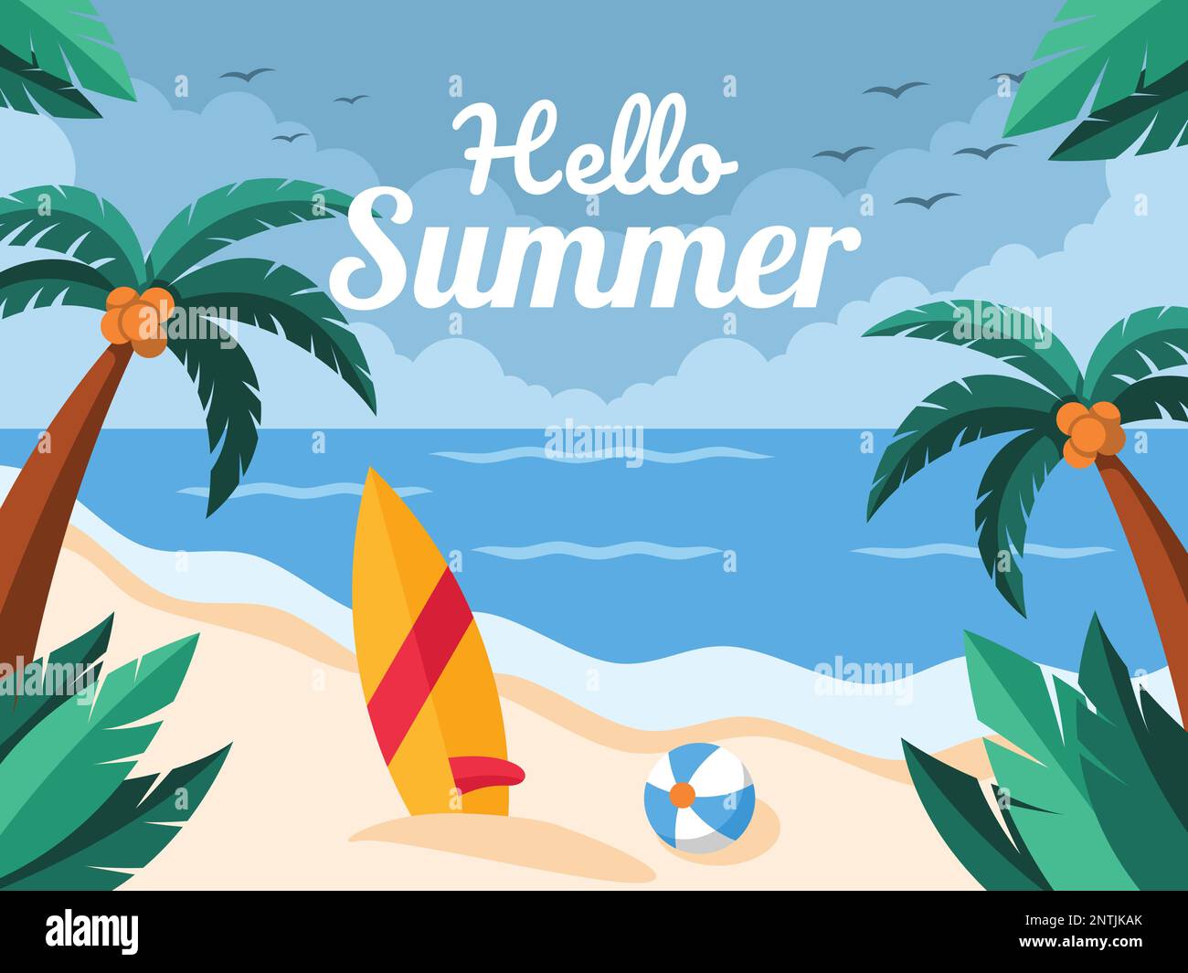 Affiche Illustration de Hello Summer Beach avec planche à voile et ballon de plage. Fond de paysage d'illustration à vecteur plat. Illustration de Vecteur