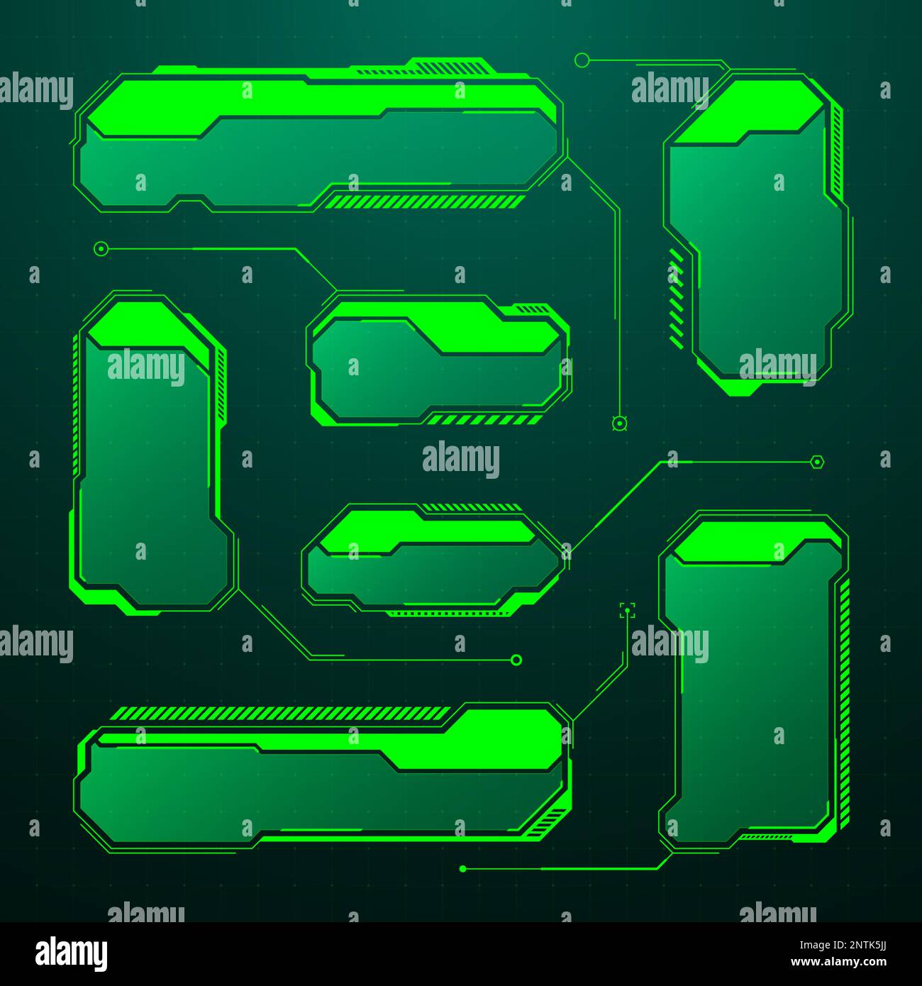 Affichage tête haute futuriste vert, éléments d'interface utilisateur. Zones de texte et légendes de l'interface utilisateur SCI-fi. Cadres de message d'avertissement, modèle de zones d'information. Jeu moderne Illustration de Vecteur