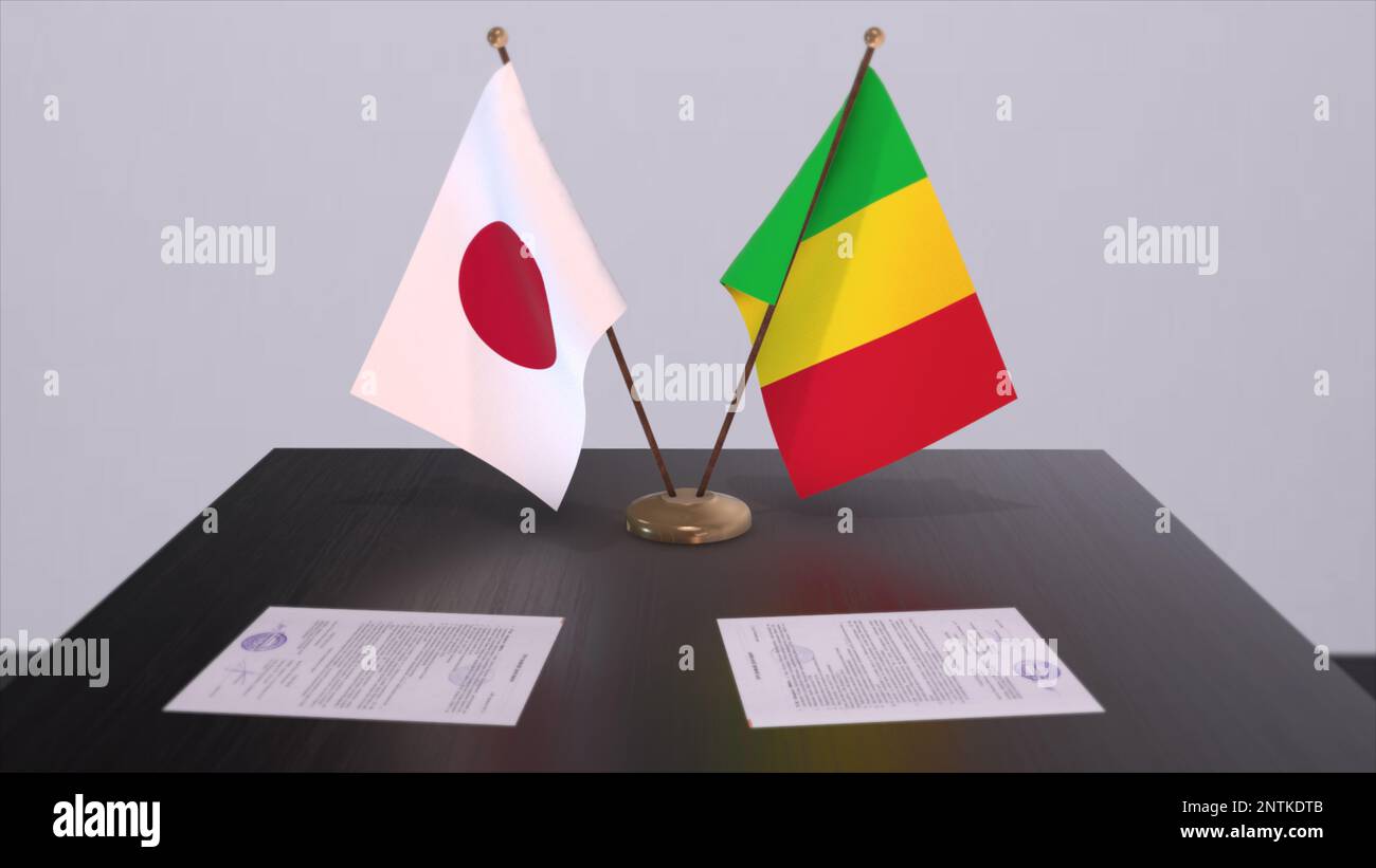 Drapeaux nationaux du Mali et du Japon, accord politique, réunion diplomatique. Politique et affaires 3D illustration. Banque D'Images