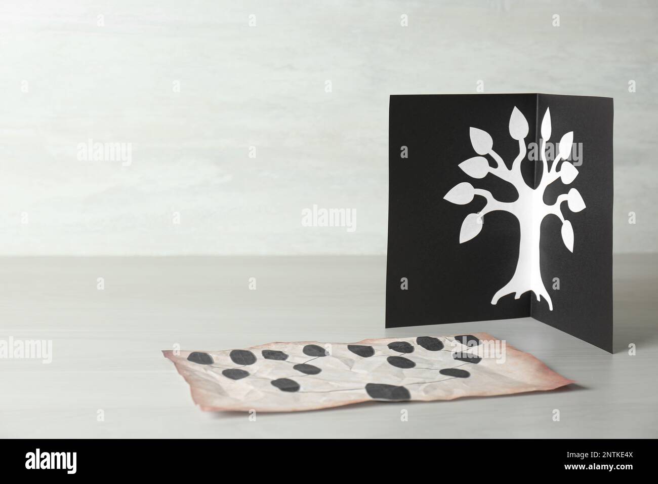 Carte et papier avec modèles d'arbre familial sur table en bois clair. Espace pour le texte Banque D'Images