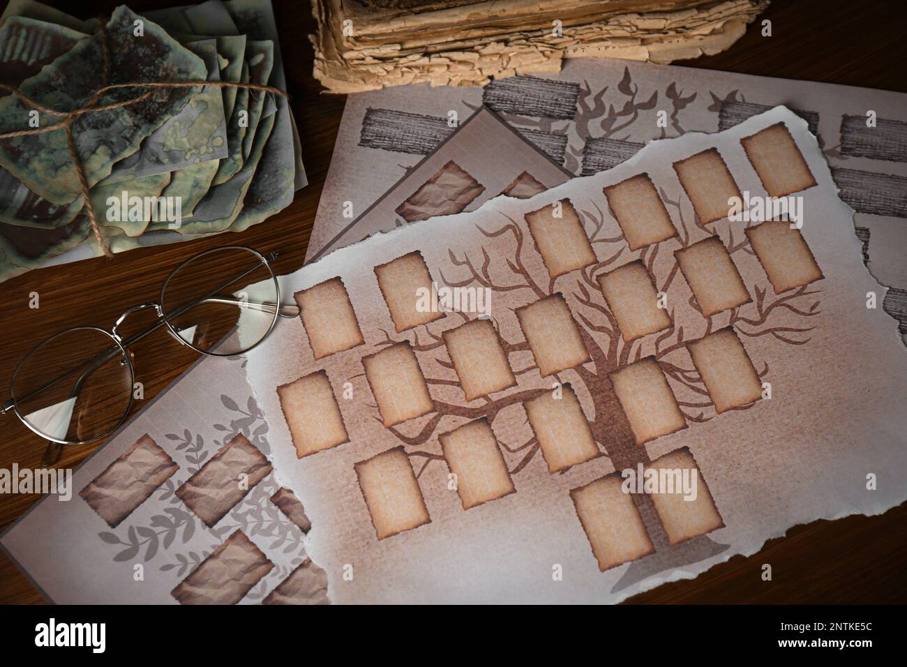 Papiers avec gabarits pour arbres de famille, photos et verres sur table en bois, plat Banque D'Images