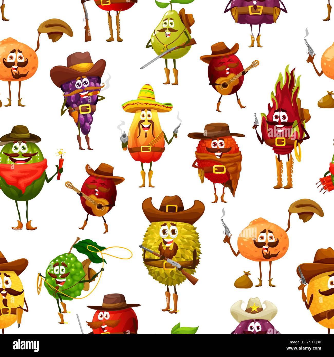 Dessin animé cowboy robber, shérif ou ranger fruits sans couture, fond vectoriel. Drôle de caractères de fruits motif de papaye dans le chapeau de ranger occidental avec revolver et le raisin de cow-boy avec lasso Illustration de Vecteur