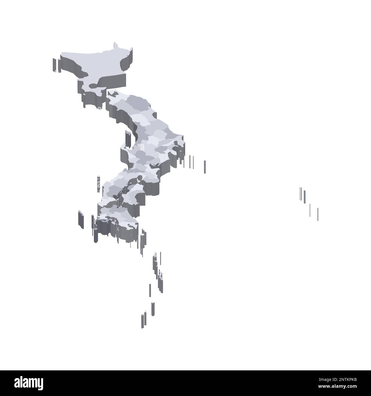 Japon carte politique des divisions administratives - préfectures, métropilis Tokyo, territoire Hokaïdo et préfectures urbaines Kyoto et Osaka. 3D carte vectorielle vierge isométrique en nuances de gris. Illustration de Vecteur