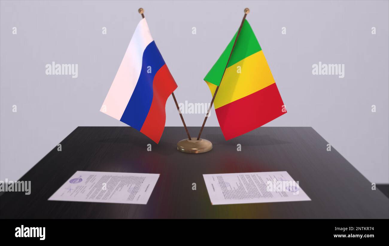 Le Mali et la Russie drapeau national, réunion d'affaires ou affaire diplomatique. Illustration de l'accord politique 3D. Banque D'Images