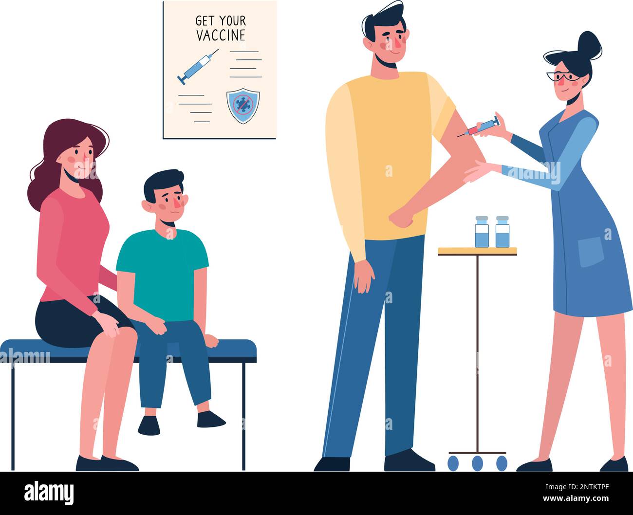 Toute la famille est venue pour la vaccination. Vaccination des personnes contre diverses maladies, y compris le coronavirus COVID19. Une infirmière administre un vaccin à un homme. Prévention, injections. Vecteur de santé. Illustration de Vecteur