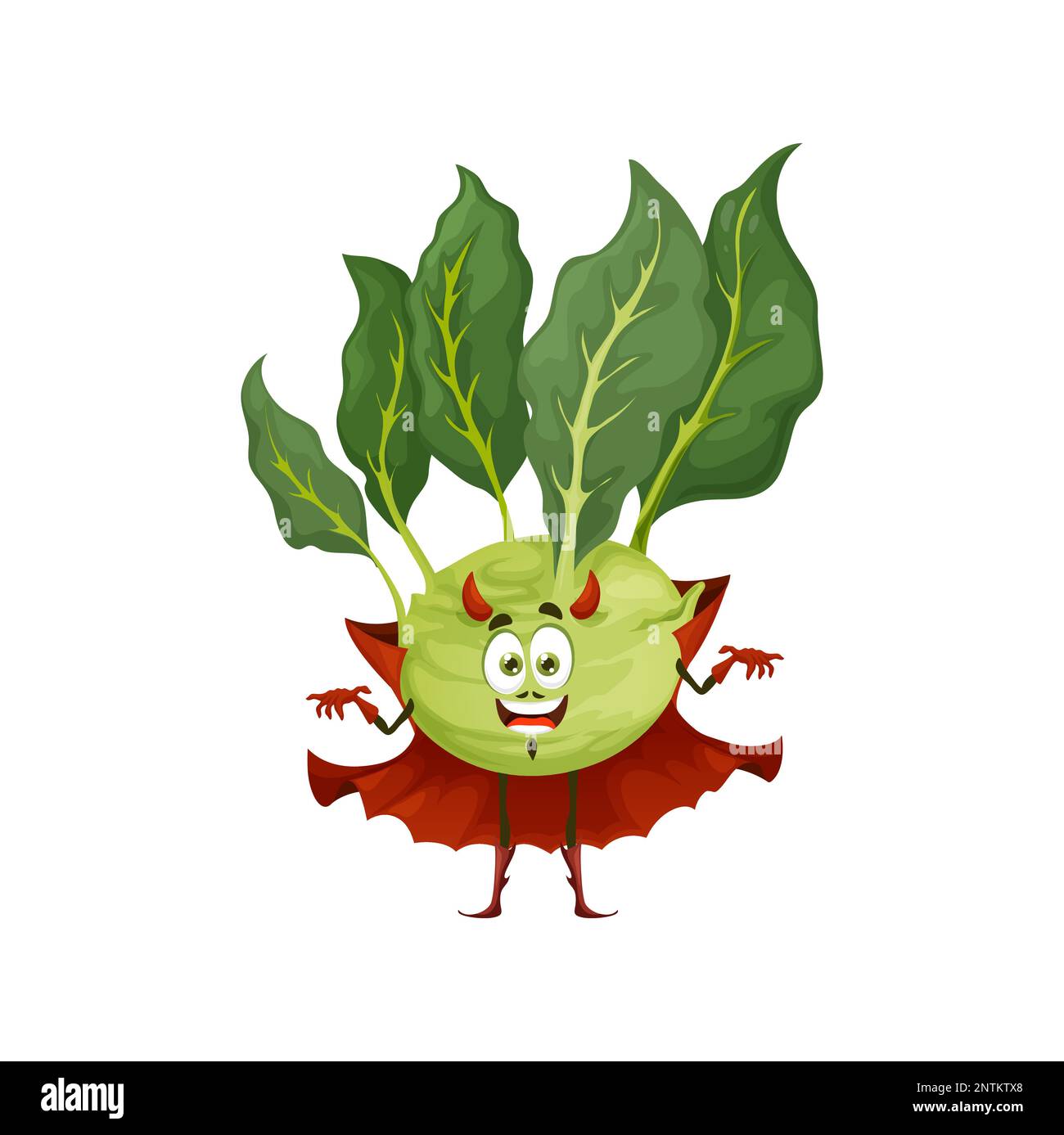 Caricature kohlrabi Halloween personnage diable. Vecteur isolé comique sain veggies personnage avec des cornes dans le costume sinistre de vacances de Satan. Le Beelzebub humoristique au cap, qui repart pour les fêtes de fin d'année Illustration de Vecteur