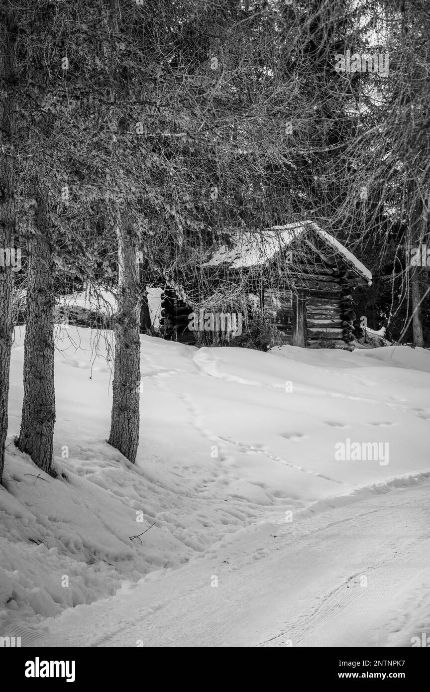Alta Val Badia en hiver. Le village de la Val entouré par les Dolomites Banque D'Images