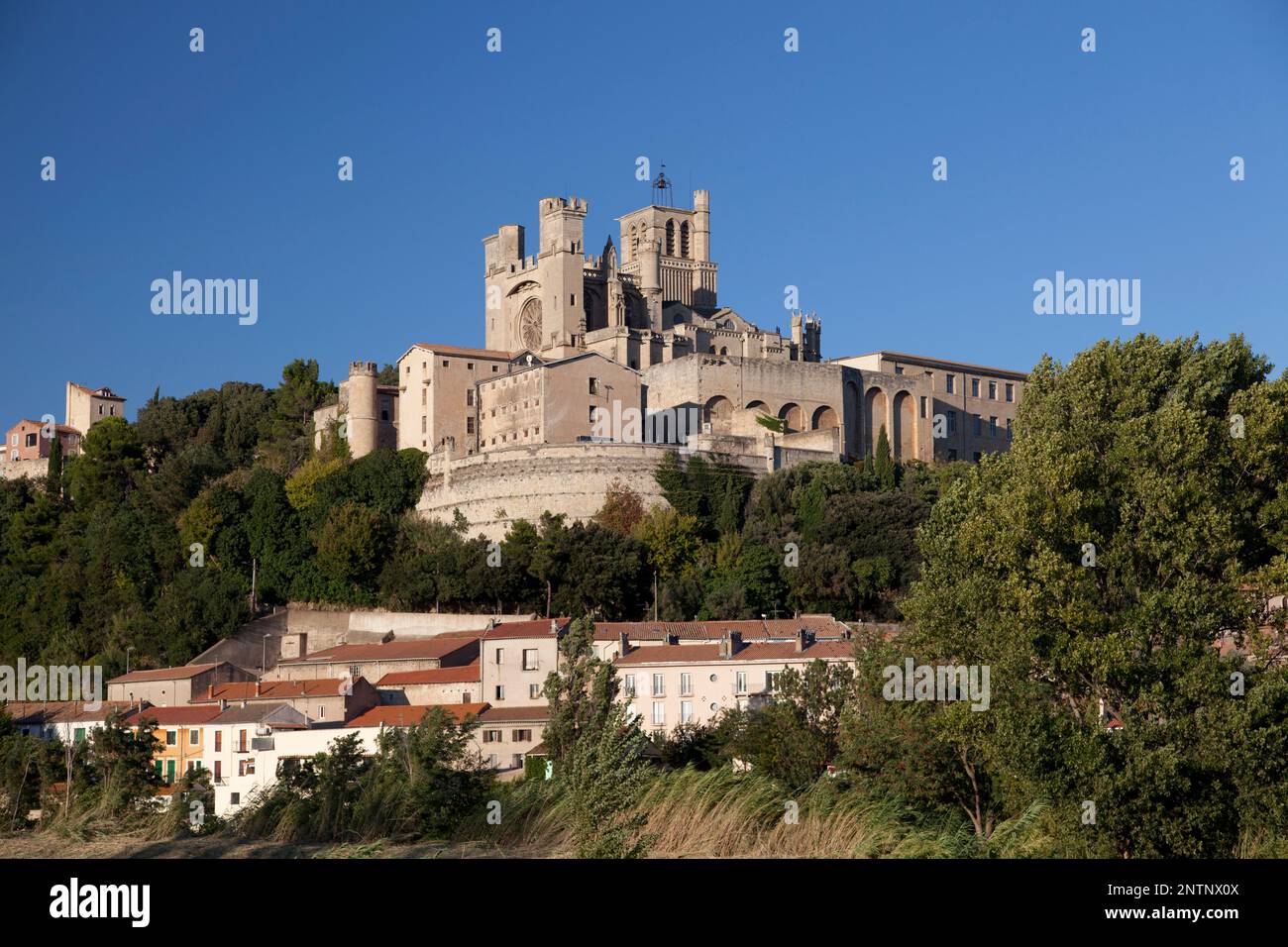 La France, Béziers, la cathédrale St Nazaire vu depuis le vieux pont sur l'Orb. Banque D'Images